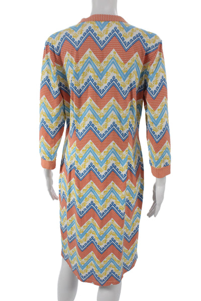 J. Mclaughlin Women Shift Dress Blue VNeck 3/4 Sleeve Knee-Length Chevron Size M