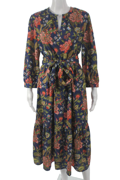 J. Mclaughlin Women Maxi Floral V-Neck Long Sleeve Tie Waist Dress Blue Size M