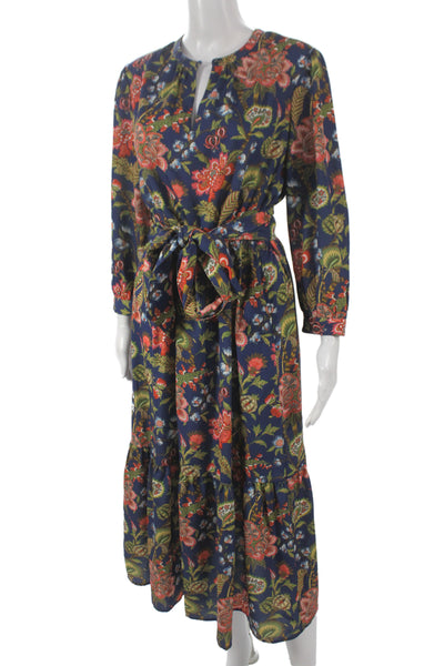 J. Mclaughlin Women Maxi Floral V-Neck Long Sleeve Tie Waist Dress Blue Size M