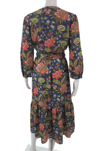 J. Mclaughlin Women Maxi Floral V-Neck Long Sleeve Tie Waist Dress Blue Size M