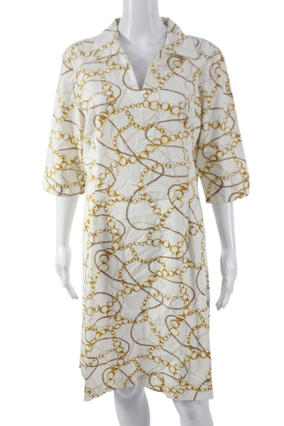 J. Mclaughlin Women White Shift Dress 3/4 Sleeve Collared Geometric Size 10