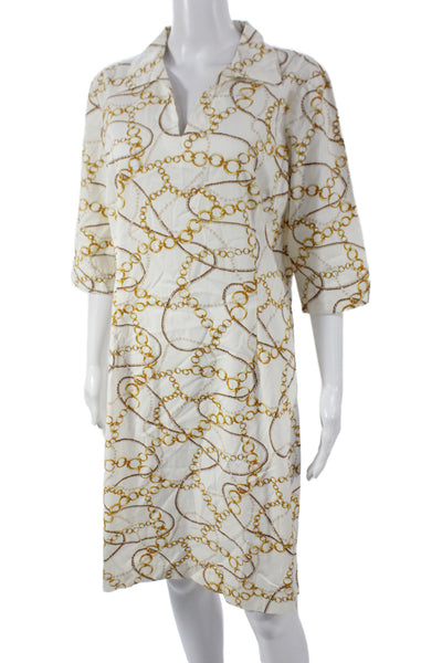 J. Mclaughlin Women White Shift Dress 3/4 Sleeve Collared Geometric Size 10