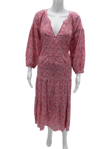 Xirena Womens Pink Floral V-Neck Maxi Dress Long Sleeve Cotton Size S