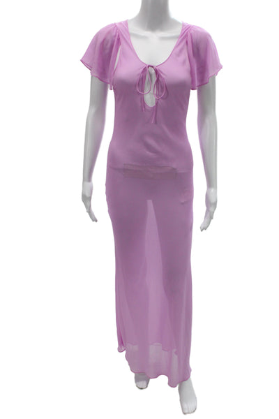 Zara Womens Maxi Dress Pink V-Neck Short Sleeve Sheer Tie Waist Size S