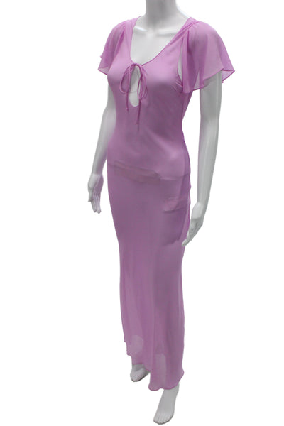 Zara Womens Maxi Dress Pink V-Neck Short Sleeve Sheer Tie Waist Size S