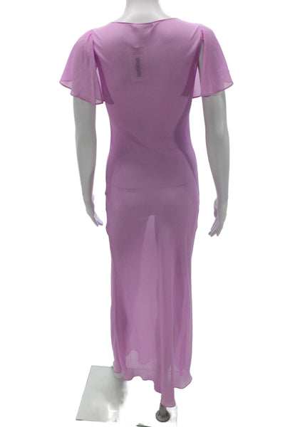 Zara Womens Maxi Dress Pink V-Neck Short Sleeve Sheer Tie Waist Size S