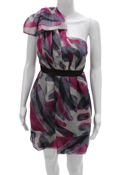 Thread Social Women Mini One Shoulder Silk Geometric Cocktail Dress Zip Size 2