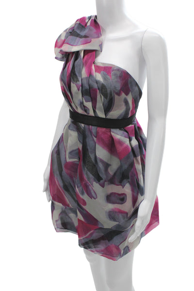 Thread Social Women Mini One Shoulder Silk Geometric Cocktail Dress Zip Size 2