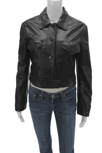 Dolce & Gabbana Womens Military Leather Jacket Black Button Long Sleeve Size 38