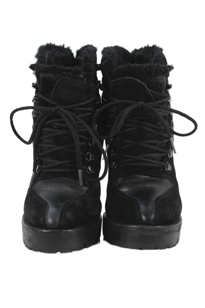 Valentino Garavani Womens Lace Up Shearling Lined Rockstud Boots Black Size 37