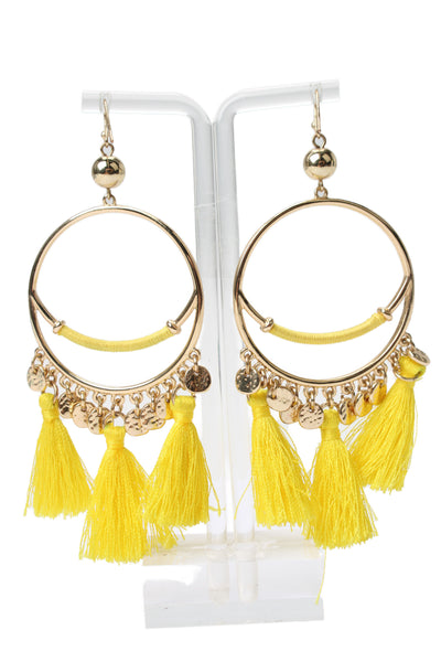Lilly Pulitzer Womens Gold Tone Yellow Tassel Hoop Dangle Earrings