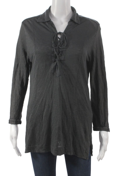 Majestic Paris Womens Bohemian Gray Linen Tunic Lace Up 3/4 Sleeve Size 3