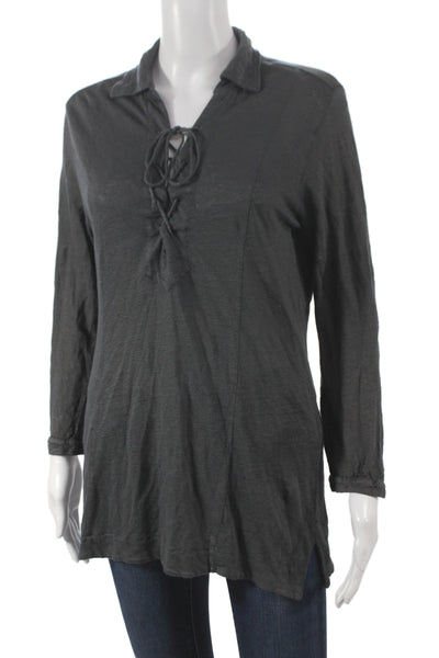 Majestic Paris Womens Bohemian Gray Linen Tunic Lace Up 3/4 Sleeve Size 3