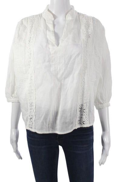 Frame Women White Ramie V-Neck Boho Tunic Blouse 3/4 Sleeve Petite Size S