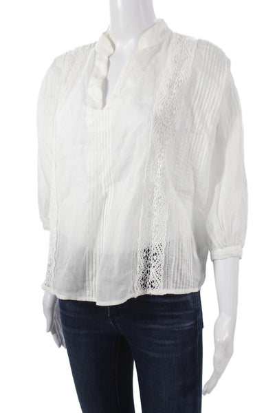 Frame Women White Ramie V-Neck Boho Tunic Blouse 3/4 Sleeve Petite Size S