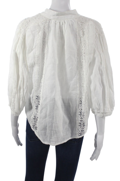 Frame Women White Ramie V-Neck Boho Tunic Blouse 3/4 Sleeve Petite Size S