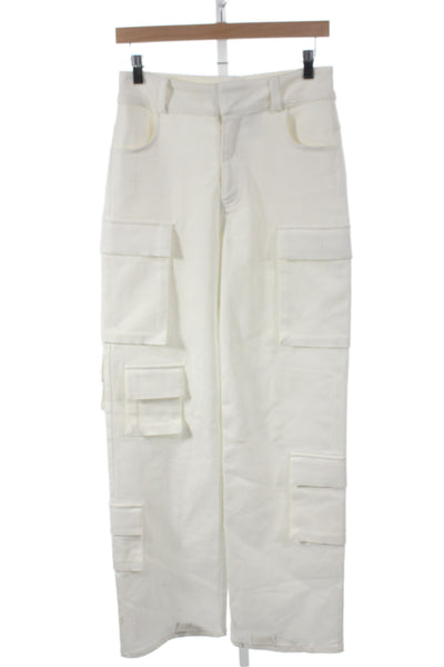 Designer Women White Cargo Pants 98% Cotton Button Closure 32in Inseam Size S