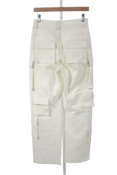 Designer Women White Cargo Pants 98% Cotton Button Closure 32in Inseam Size S