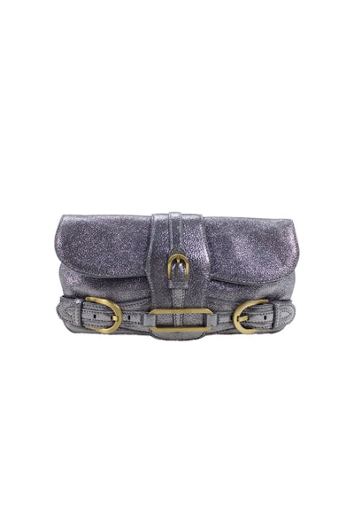 Jimmy Choo Womens Metallic Leather Latch Clutch Handbag Gray