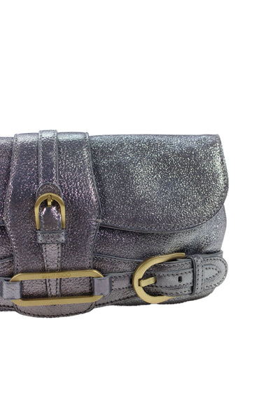 Jimmy Choo Womens Metallic Leather Latch Clutch Handbag Gray