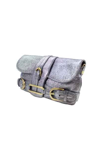Jimmy Choo Womens Metallic Leather Latch Clutch Handbag Gray