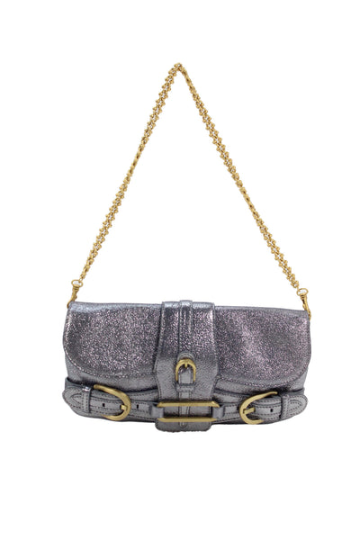 Jimmy Choo Womens Metallic Leather Latch Clutch Handbag Gray