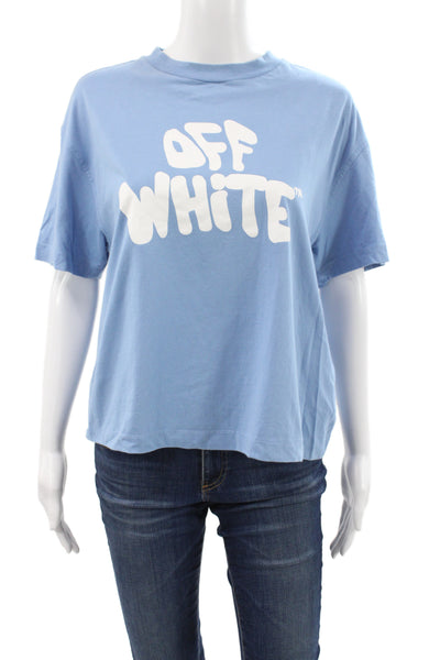 Off White Women Basic Blue Cotton Crew Neck Short Sleeve T-Shirt Size L