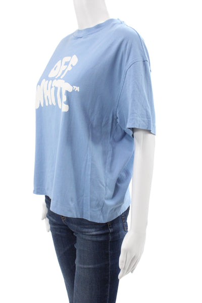 Off White Women Basic Blue Cotton Crew Neck Short Sleeve T-Shirt Size L