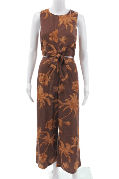 MNG Womens Brown Animal Print Sleeveless Tie Neck Jumpsuit Lyocell Summer Size S