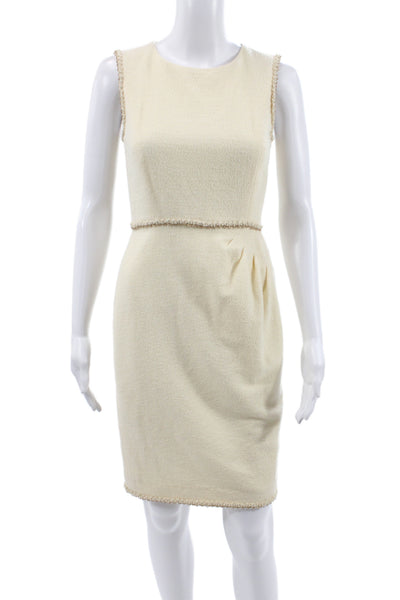 Chanel Women Sheath Dress Ivory Wool Sleeveless Knee Length Size 34