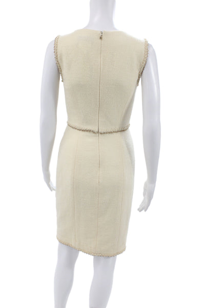Chanel Women Sheath Dress Ivory Wool Sleeveless Knee Length Size 34
