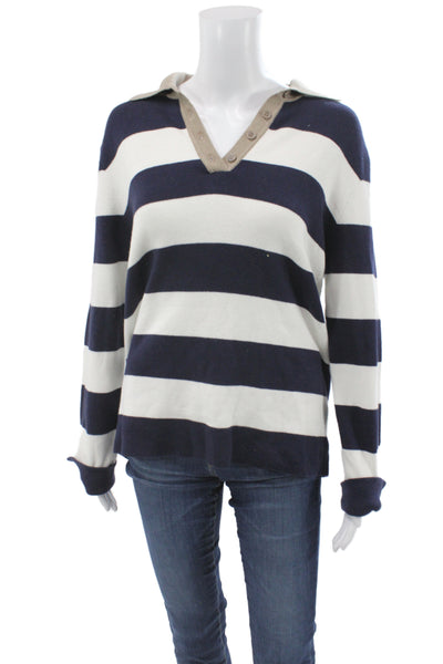 One Grey Day Womens Collared Striped Pullover Sweater Blue 70% Cotton Size XS