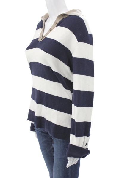 One Grey Day Womens Collared Striped Pullover Sweater Blue 70% Cotton Size XS