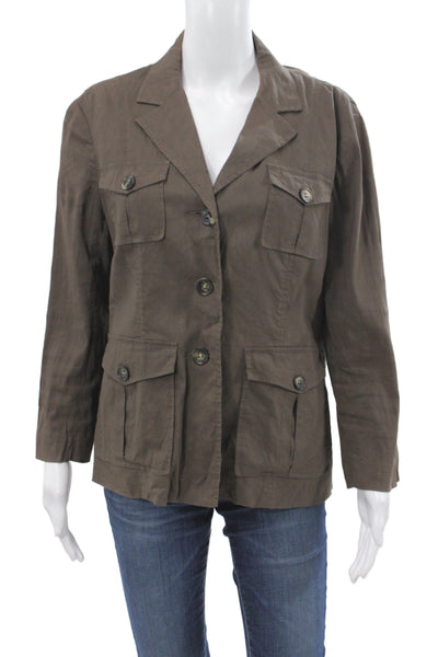 Premise Womens Military Jacket Brown Button Linen Long Sleeve Safari Size 10