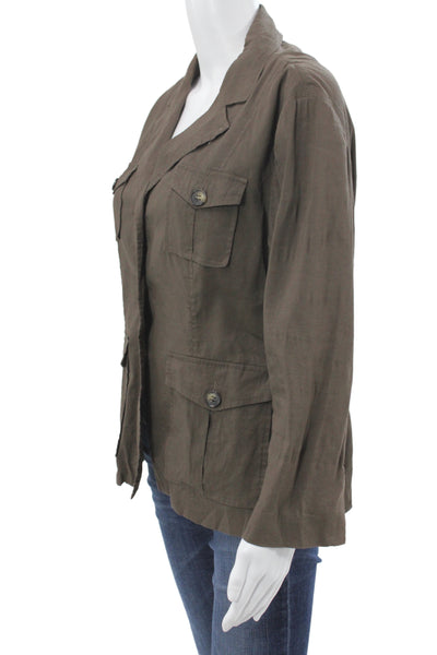 Premise Womens Military Jacket Brown Button Linen Long Sleeve Safari Size 10
