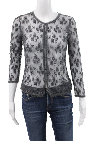 Whistles Womens Cropped Floral Blouse Gray 3/4 Sleeve Size 4