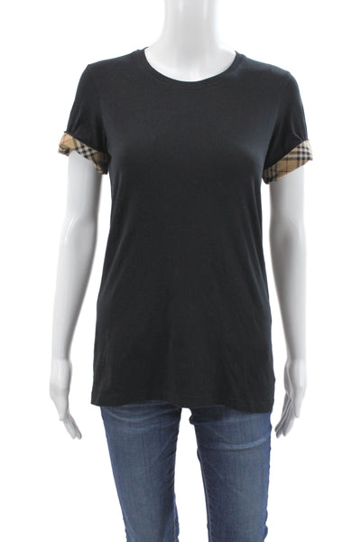 Burberry Women Jersey Check Crew Neck Black Cotton Short Sleeve T-Shirt Size S
