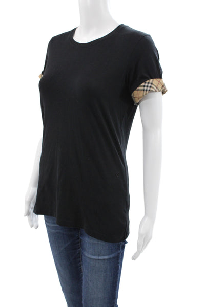 Burberry Women Jersey Check Crew Neck Black Cotton Short Sleeve T-Shirt Size S