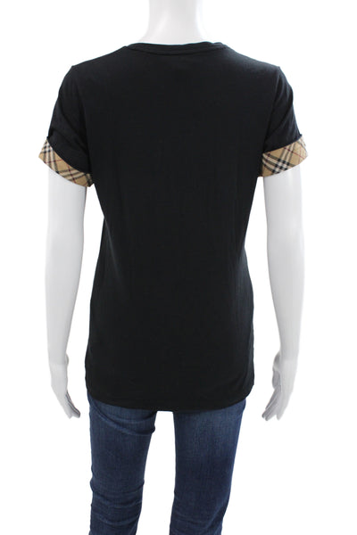 Burberry Women Jersey Check Crew Neck Black Cotton Short Sleeve T-Shirt Size S