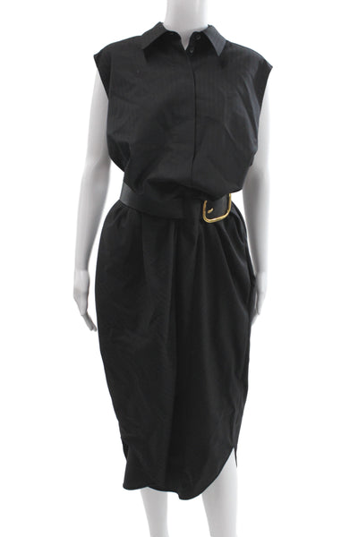 Loewe Womens Shirt Dress Black Leather Collared Sleeveless Size 44