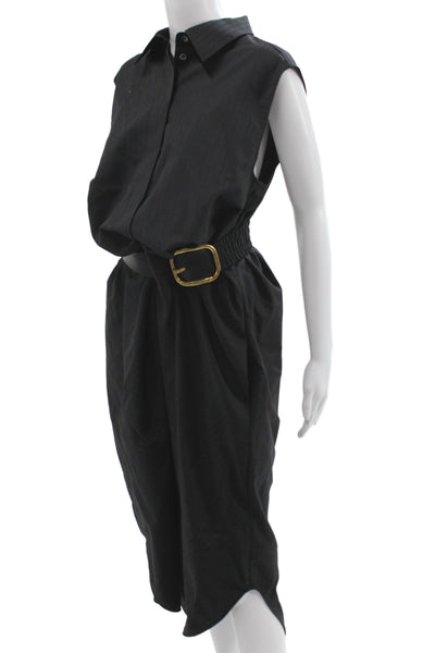 Loewe Womens Shirt Dress Black Leather Collared Sleeveless Size 44