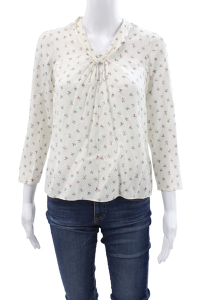 Tailored Rebecca Taylor Womens Beige Cotton Tie 3/4 Sleeve Blouse Size 0