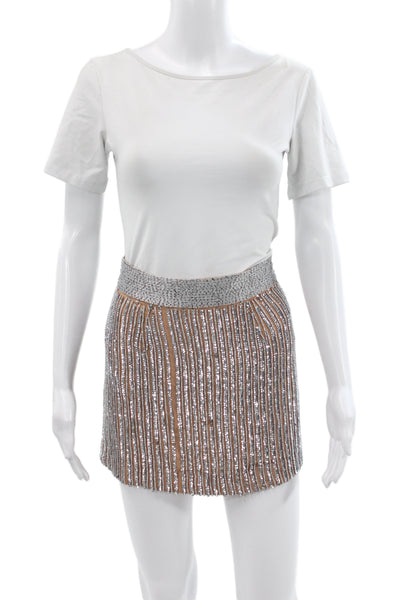 Karina Grimaldi Womens Silk Striped Beaded Mini Skirt Beige Hook & Eye Size S