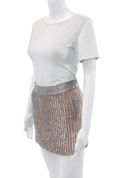 Karina Grimaldi Womens Silk Striped Beaded Mini Skirt Beige Hook & Eye Size S