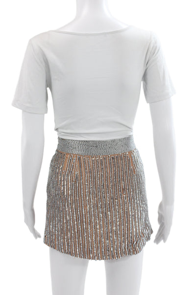 Karina Grimaldi Womens Silk Striped Beaded Mini Skirt Beige Hook & Eye Size S