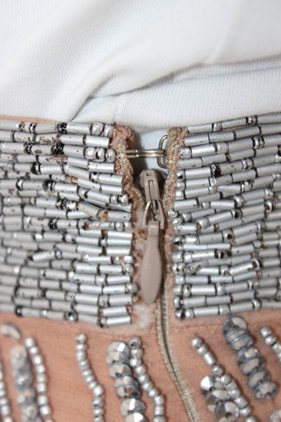 Karina Grimaldi Womens Silk Striped Beaded Mini Skirt Beige Hook & Eye Size S