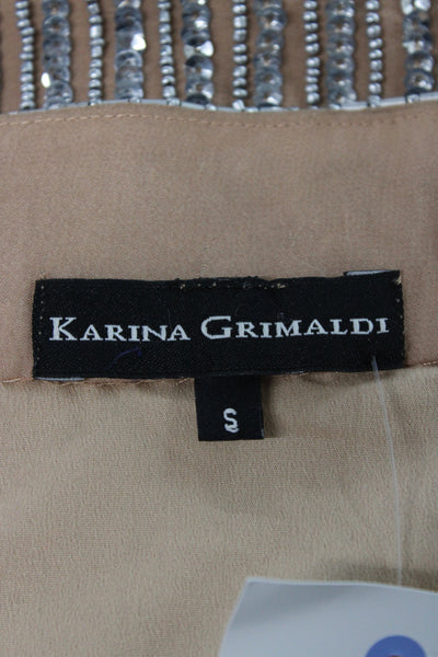 Karina Grimaldi Womens Silk Striped Beaded Mini Skirt Beige Hook & Eye Size S