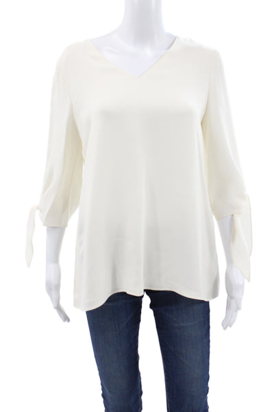 Lafayette 148 New York Women Silk V-Neck 3/4 Sleeve Basic Blouse Ivory Size S