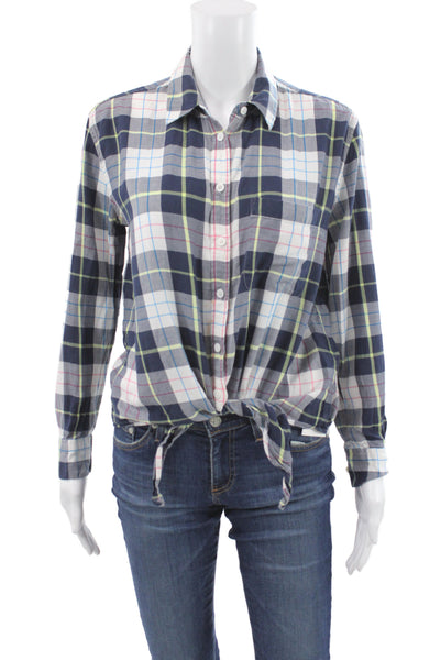 Equipment Womens Basic Button-Up Blue Plaid Cotton Collared Long Sleeve Size S
