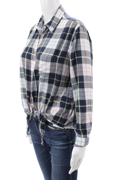 Equipment Womens Basic Button-Up Blue Plaid Cotton Collared Long Sleeve Size S